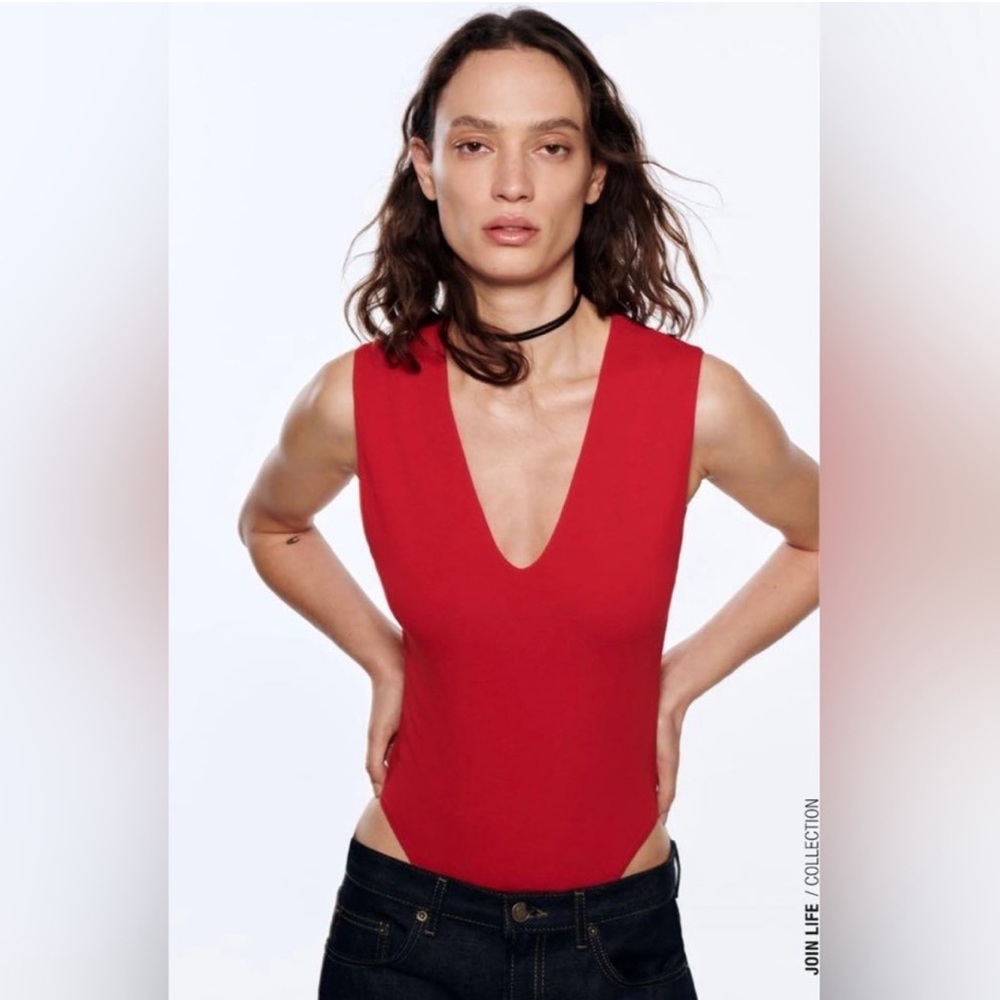 Zara Red Plunge V-Neck Bodysuit